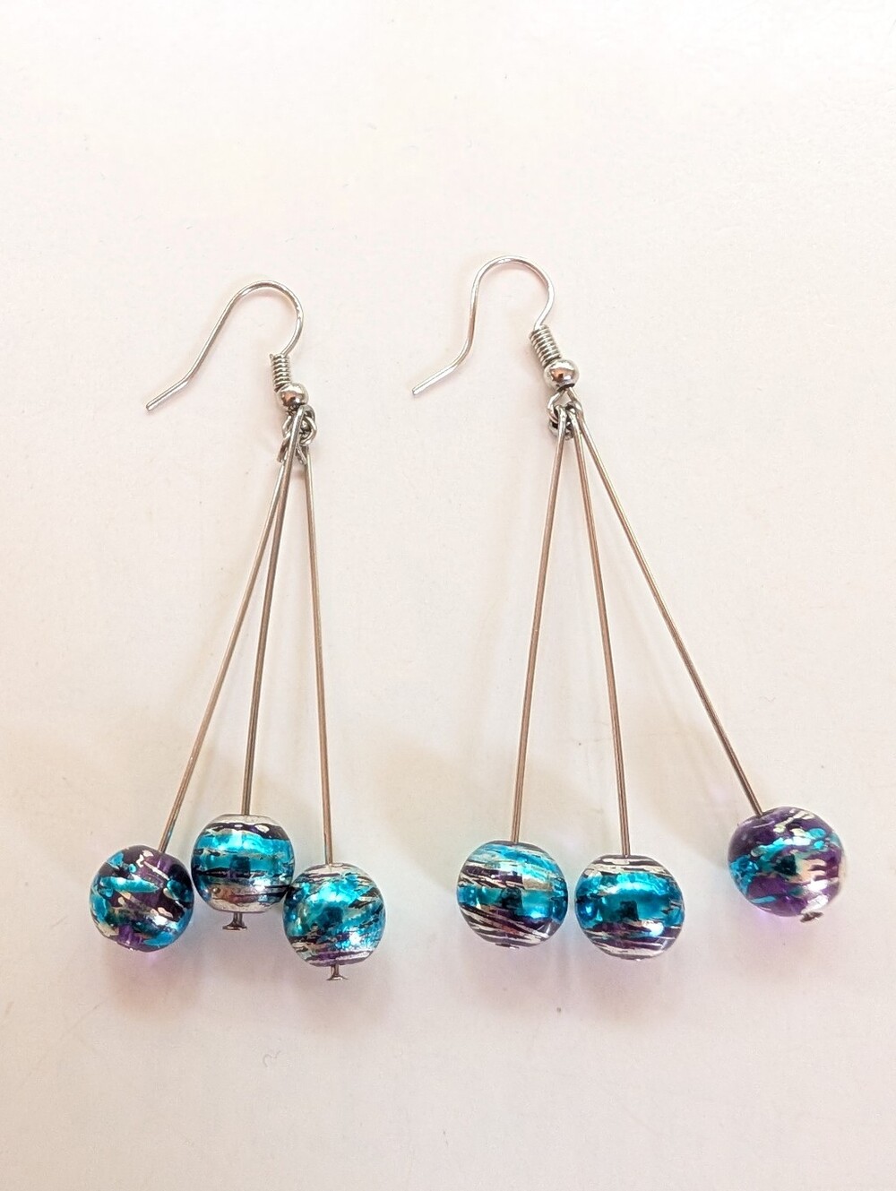 Art To Wear Silver Tone Artist Swirl Blue Glass Bead Dangle Hook Boho Earrings